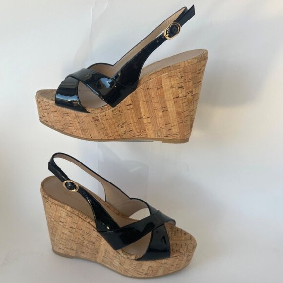 Stuart Weitzman Dayna Wedge Sandals Black Patent Leather Size 37 US6.5B - Picture 3 of 13